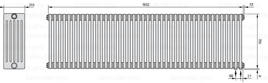 Схема (чертеж) Радиатор Zehnder Charleston 6075/42 №5510 Белый глянцевый RAL 9016